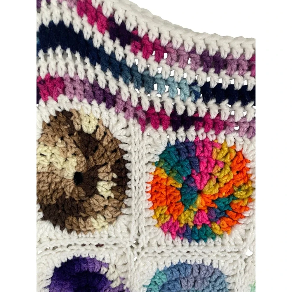 Vtg Handmade Crochet Throw Blanket  Rainbow Circle GrannySquare Boho Afghan61x50